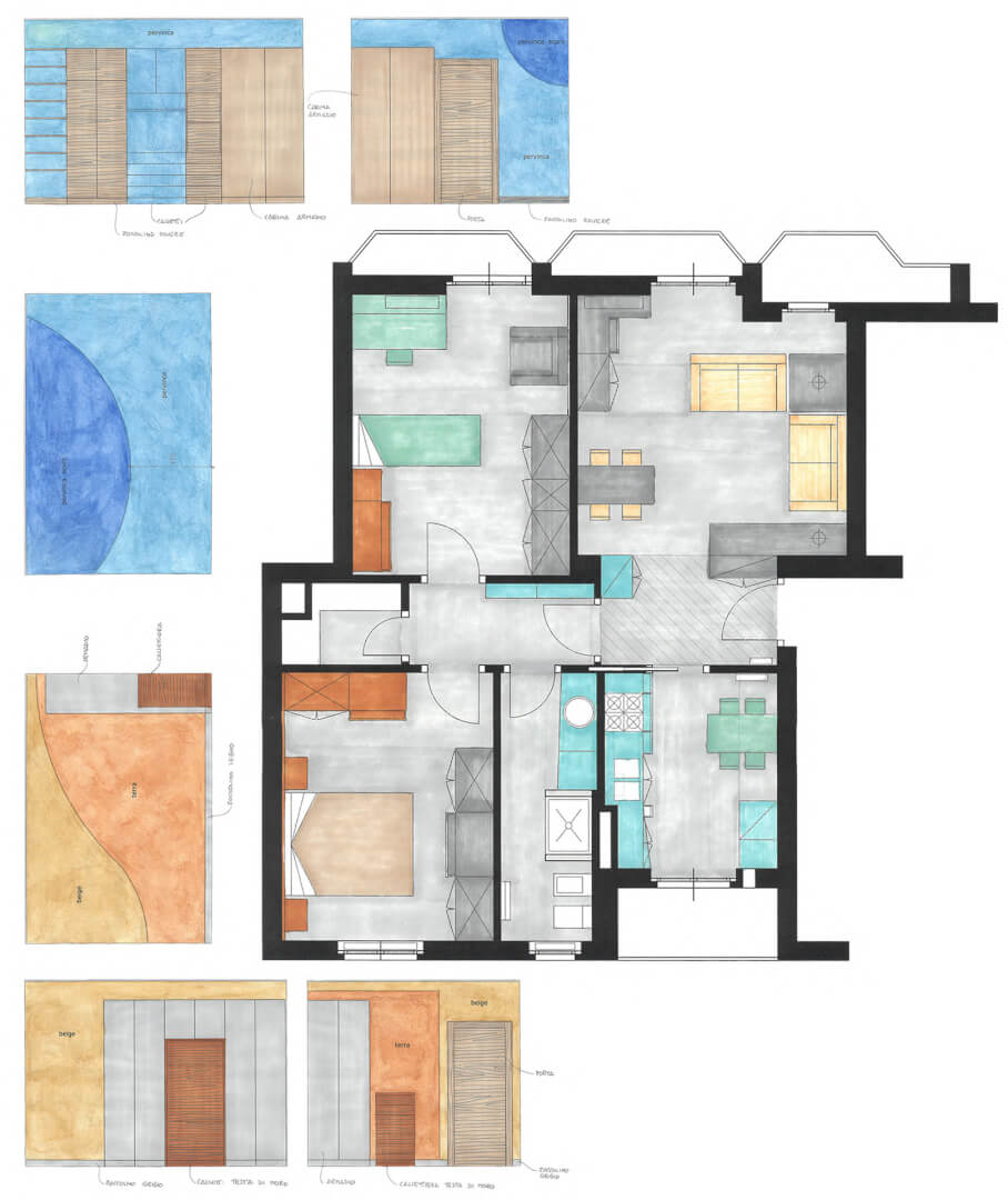 milano appartamento fengshui – pianta e prospettti co studio del colore